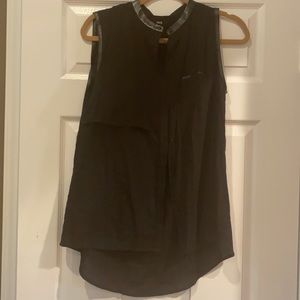 Fate light black cotton sleeveless button down tunic with faux leather detail.
